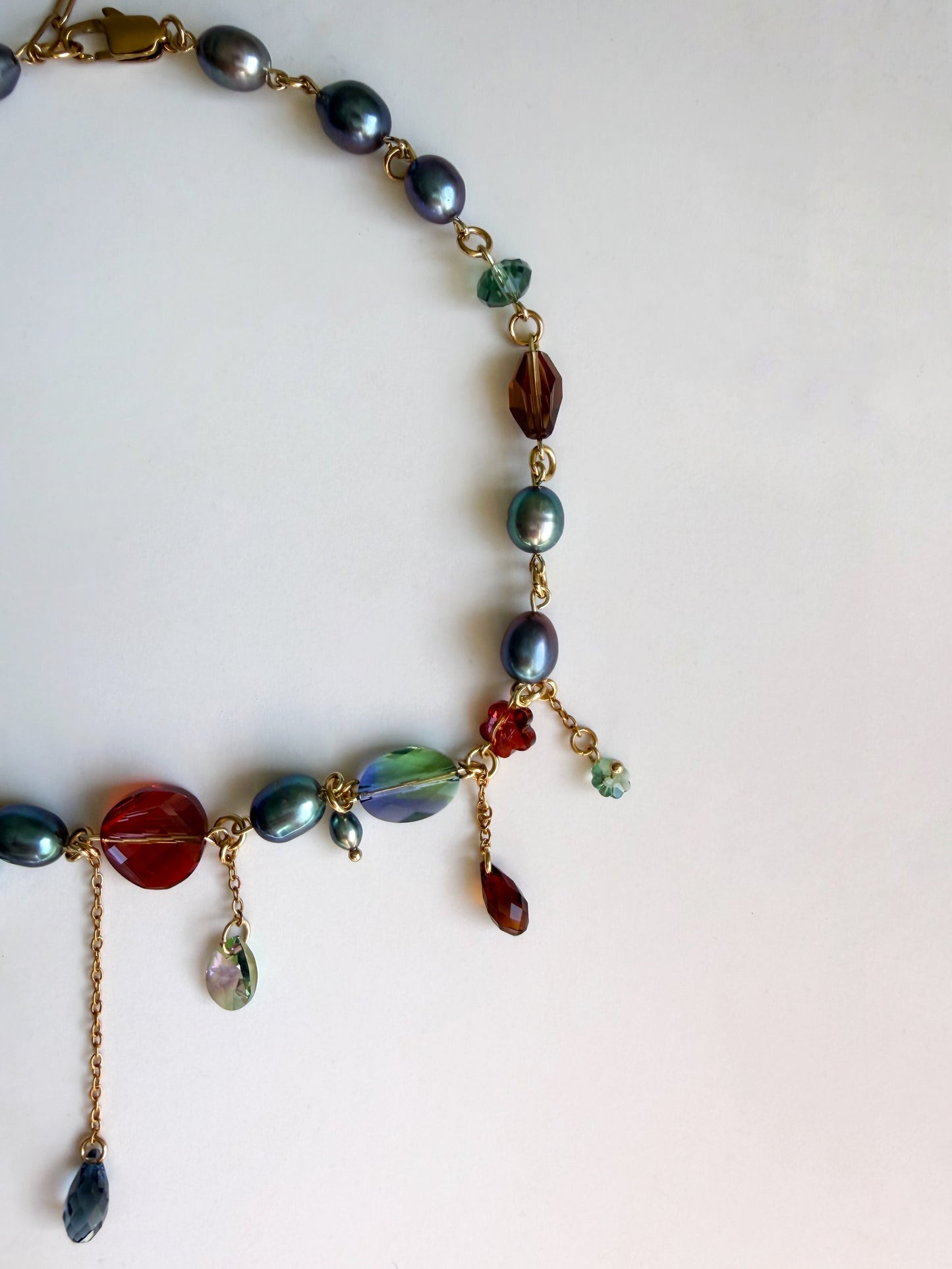 Blue pearl & crystal dark fairy necklace