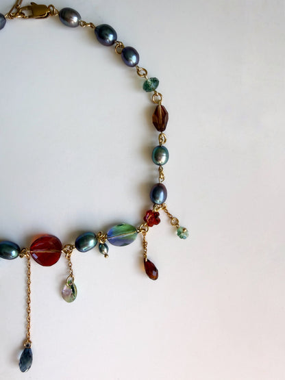 Blue pearl & crystal dark fairy necklace