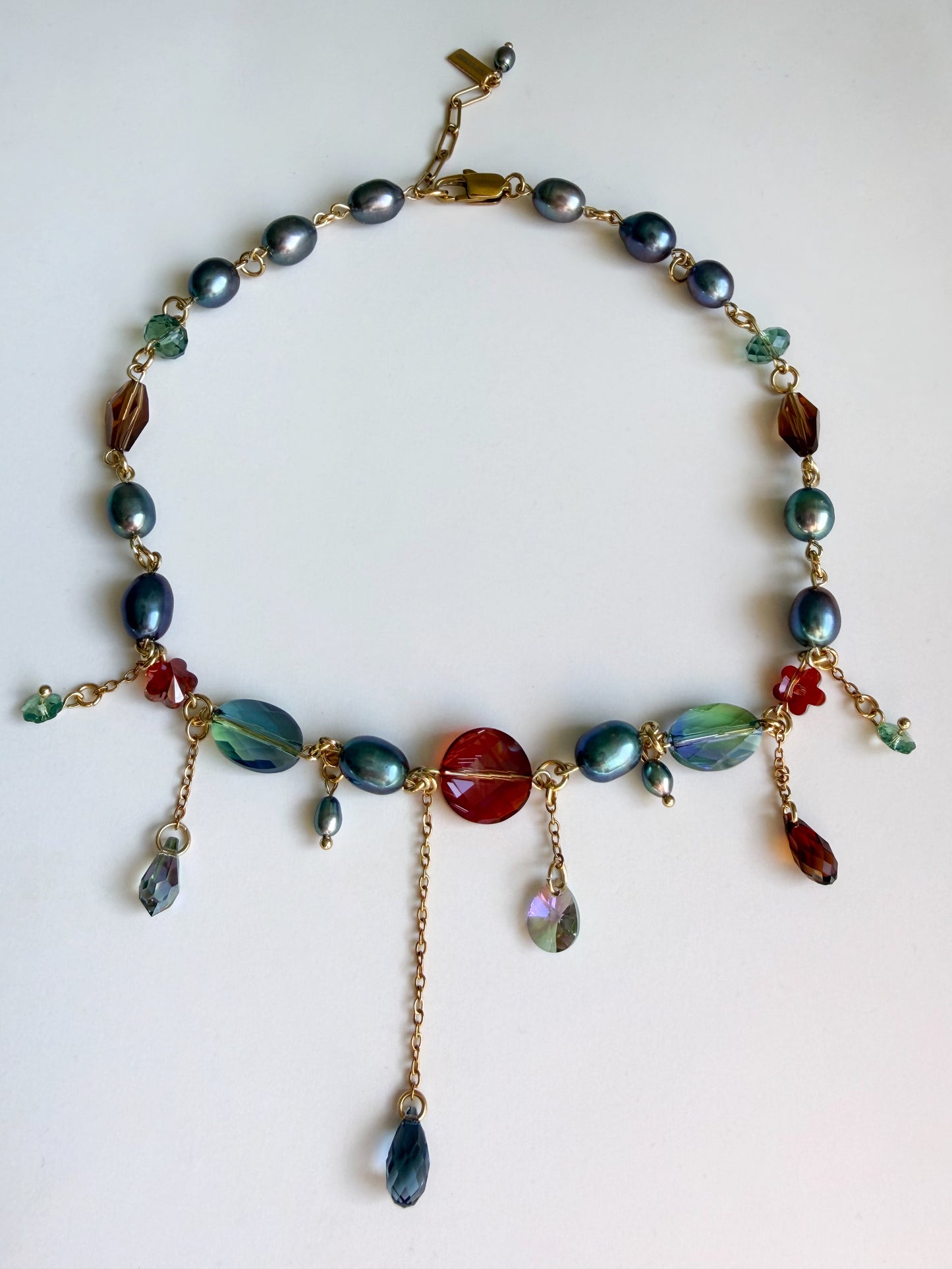 Blue pearl & crystal dark fairy necklace