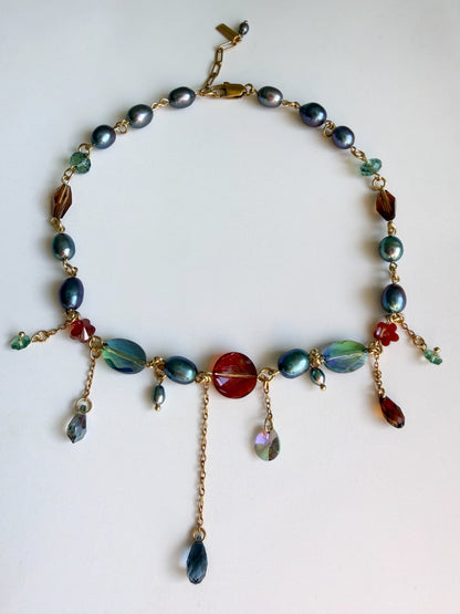 Blue pearl & crystal dark fairy necklace