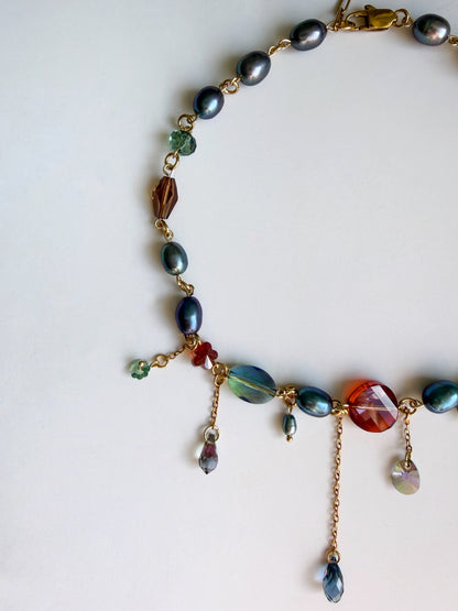Blue pearl & crystal dark fairy necklace
