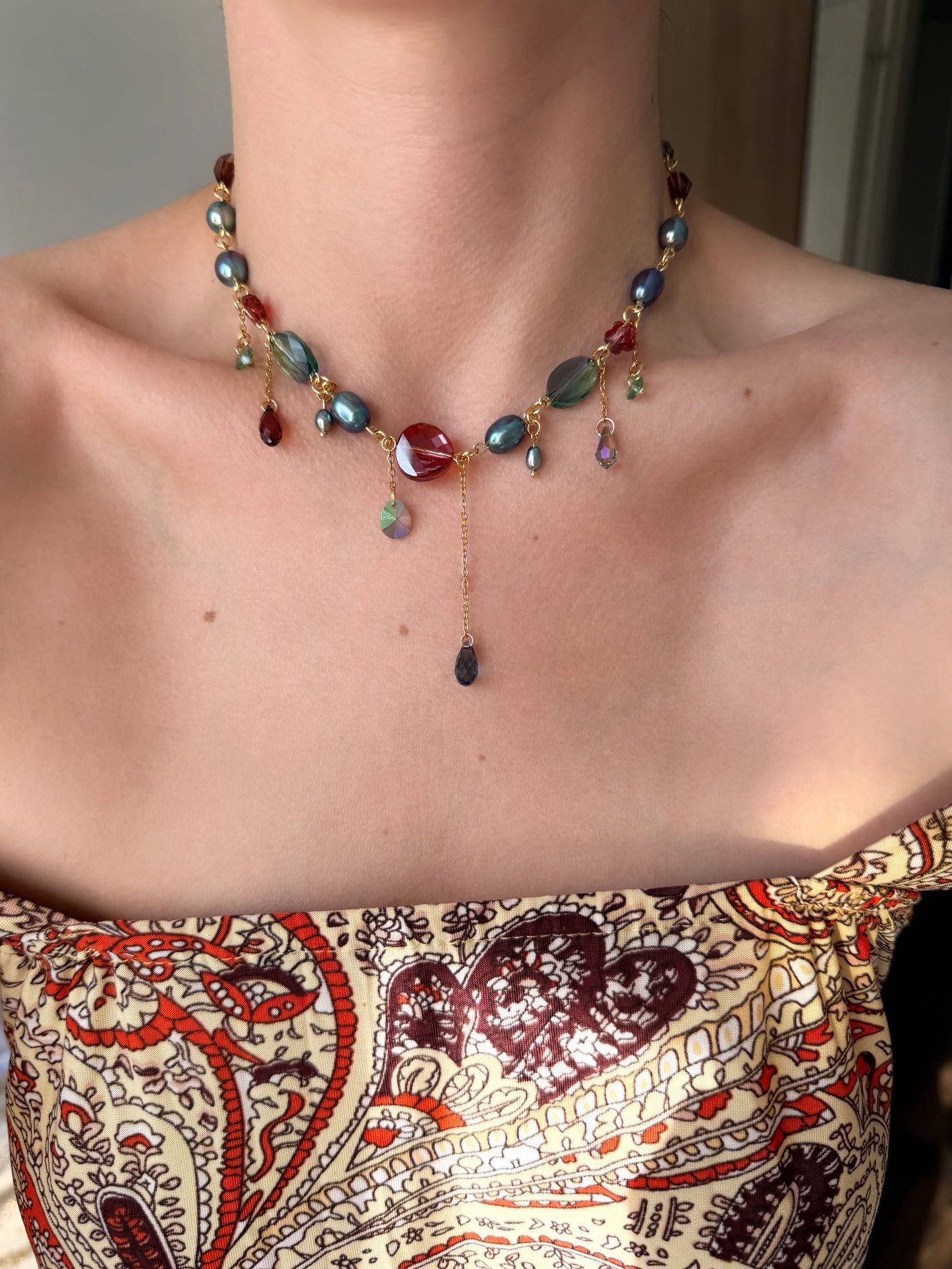 Blue pearl & crystal dark fairy necklace