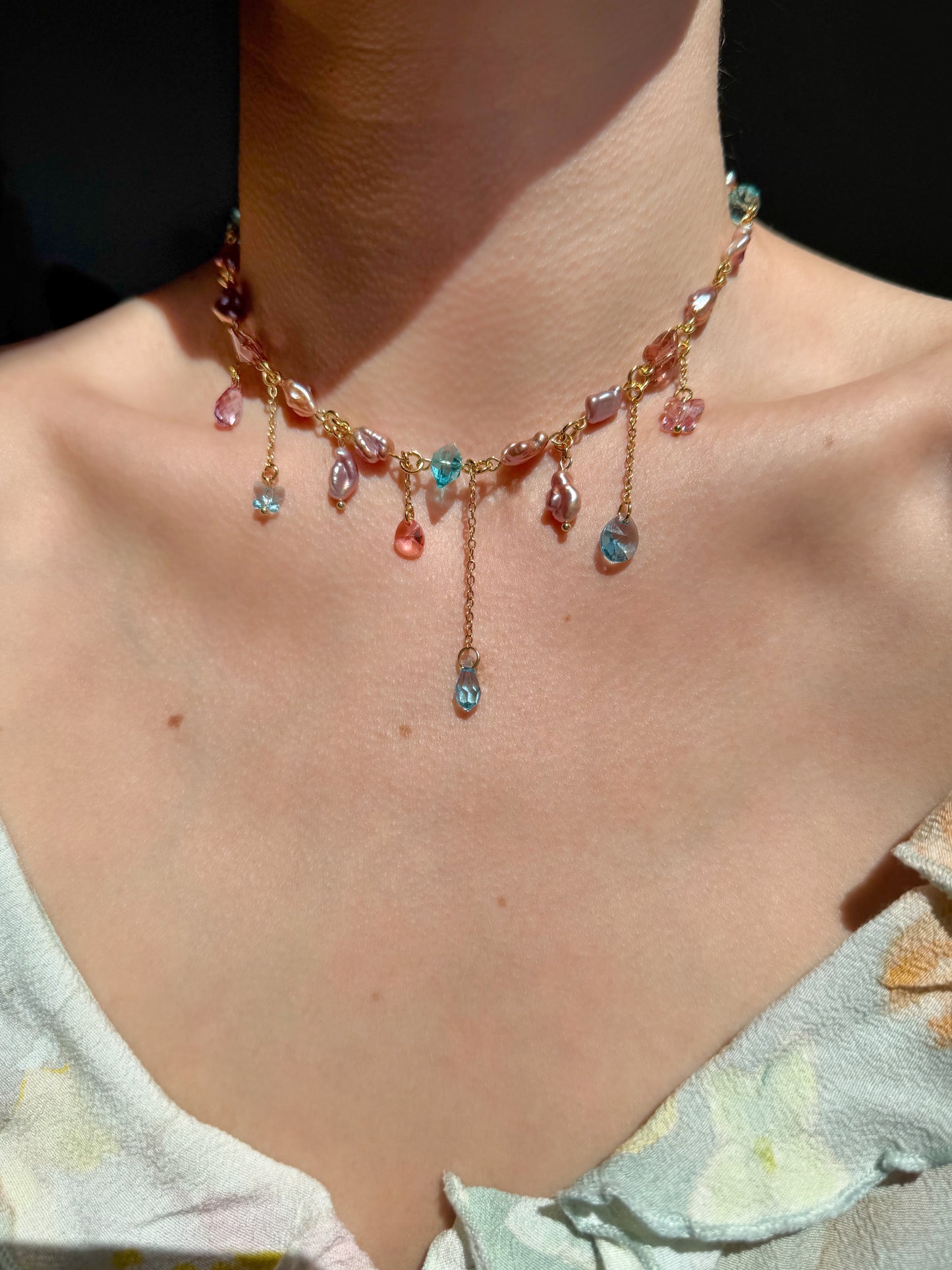 Pink baroque pearl & crystal necklace