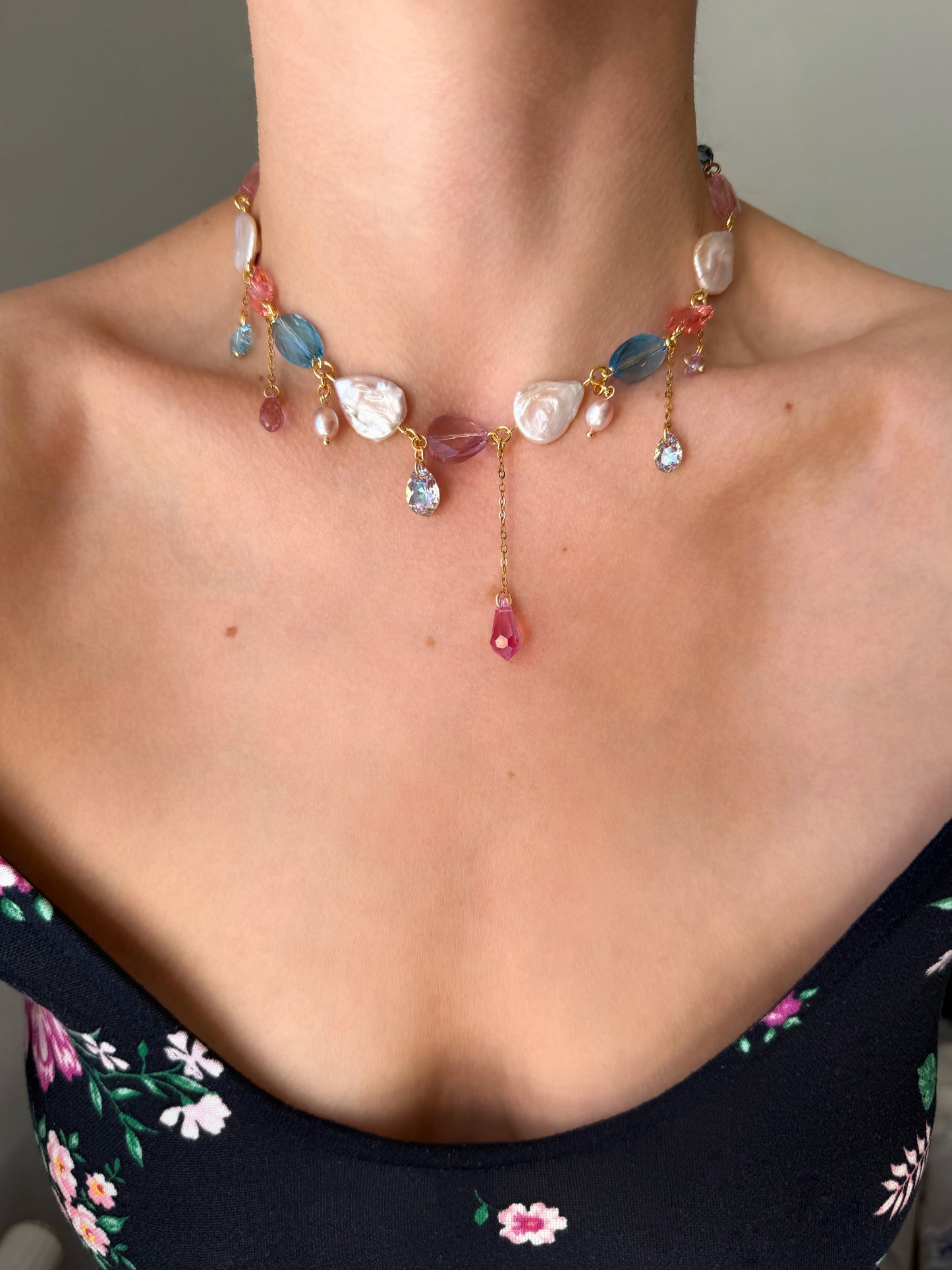 Pink baroque pearl & crystal necklace