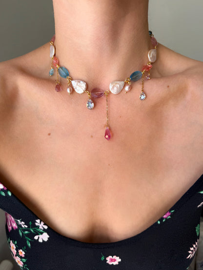 Pink baroque pearl & crystal necklace