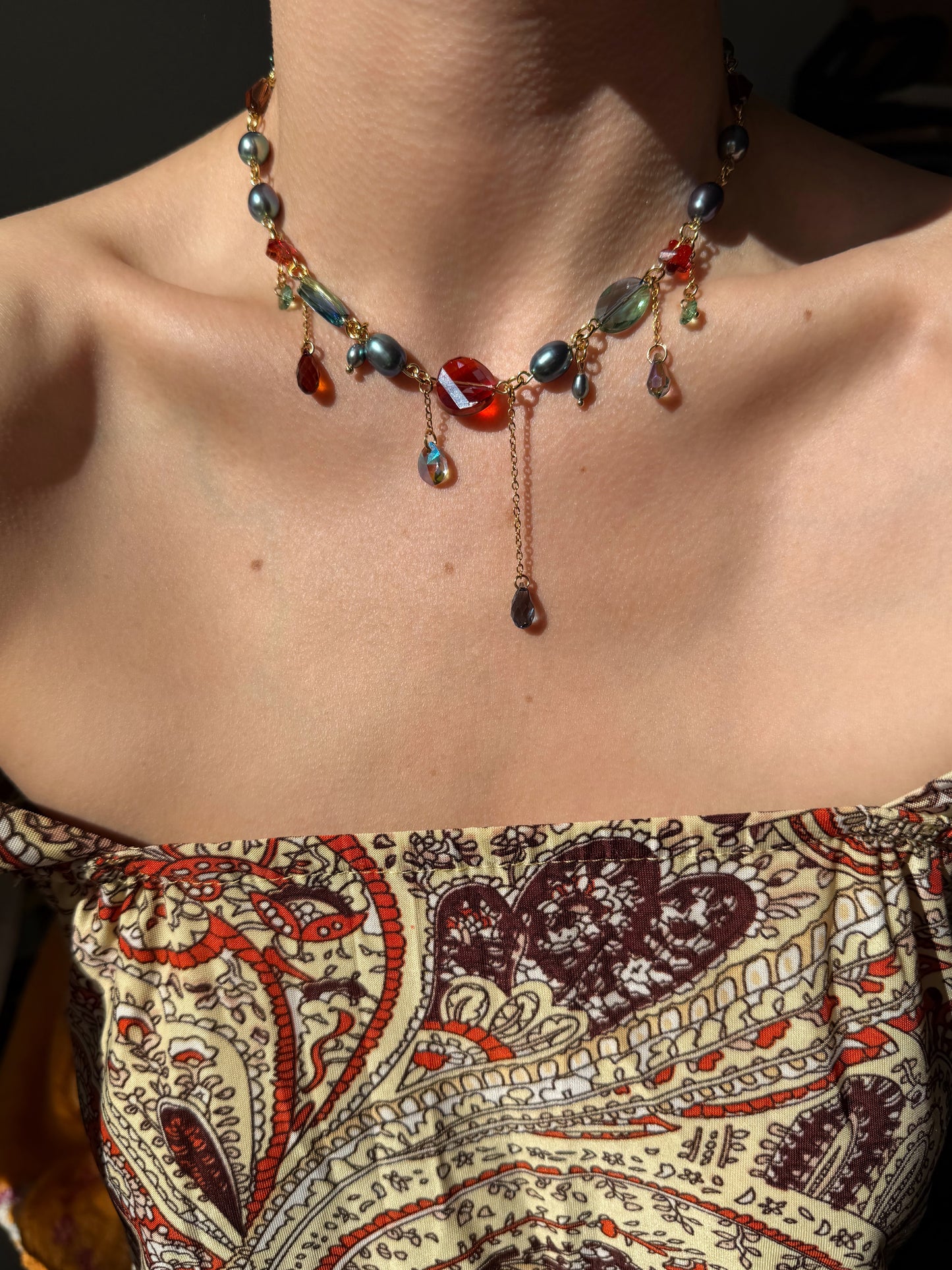 Blue pearl & crystal dark fairy necklace