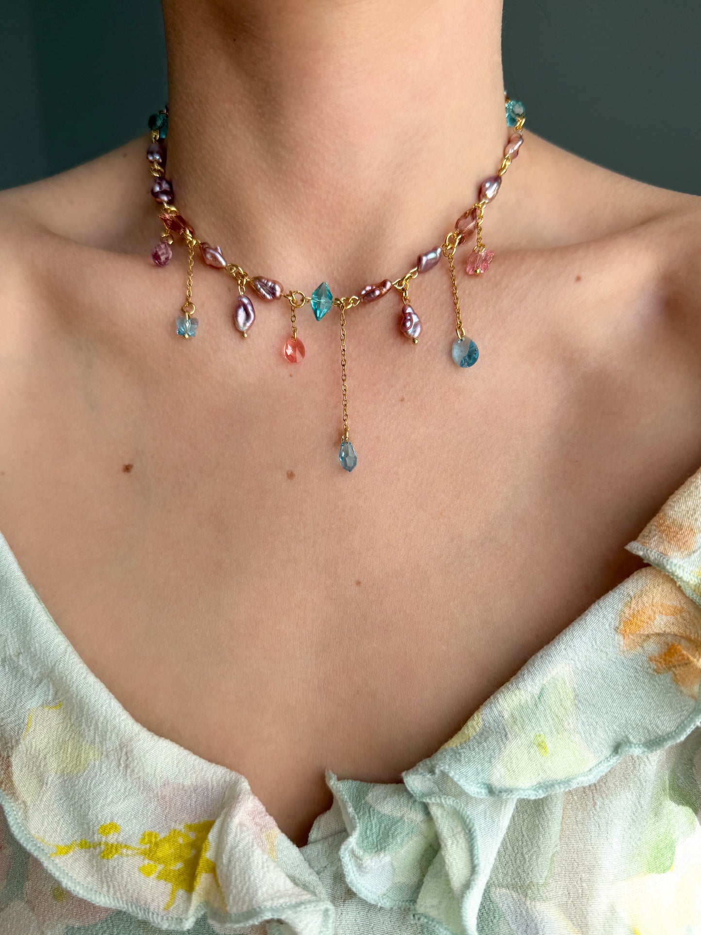 Pink baroque pearl & crystal necklace