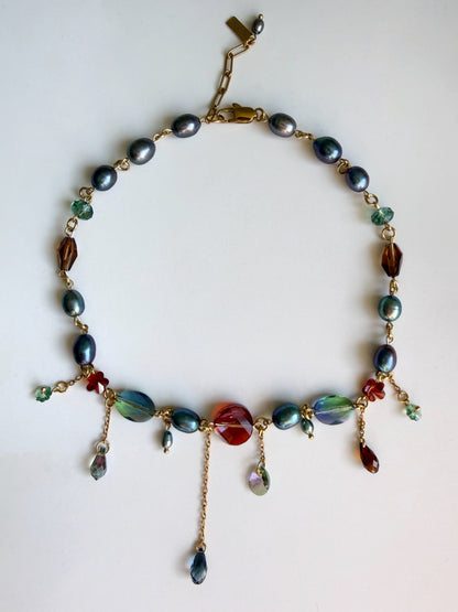 Blue pearl & crystal dark fairy necklace