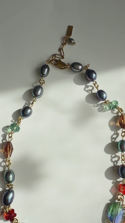 Blue pearl & crystal dark fairy necklace
